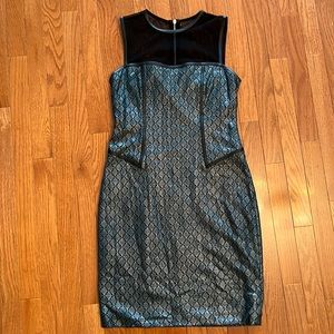 Yigal Azeouel size 8 green metallic lace and black leather trim dress